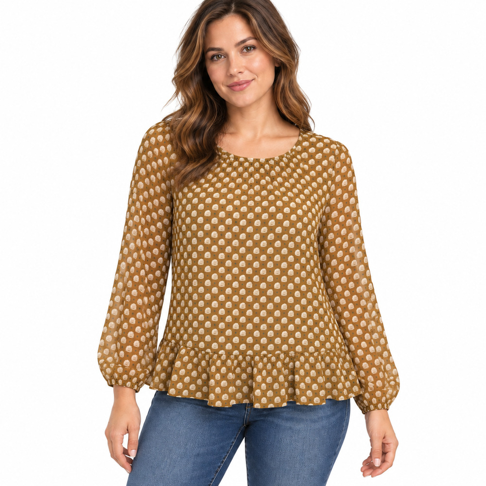 Ann Taylor Loft Brown Print Chiffon Peplum Long Sleeve Sheer Top Shirt sz M